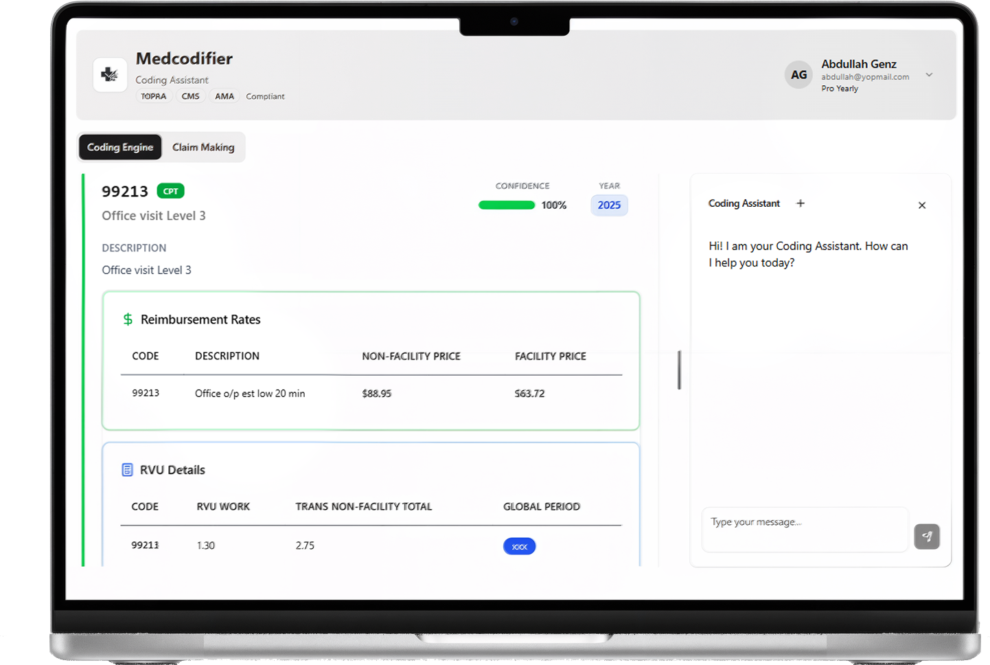 MedCodifier Dashboard on MacBook